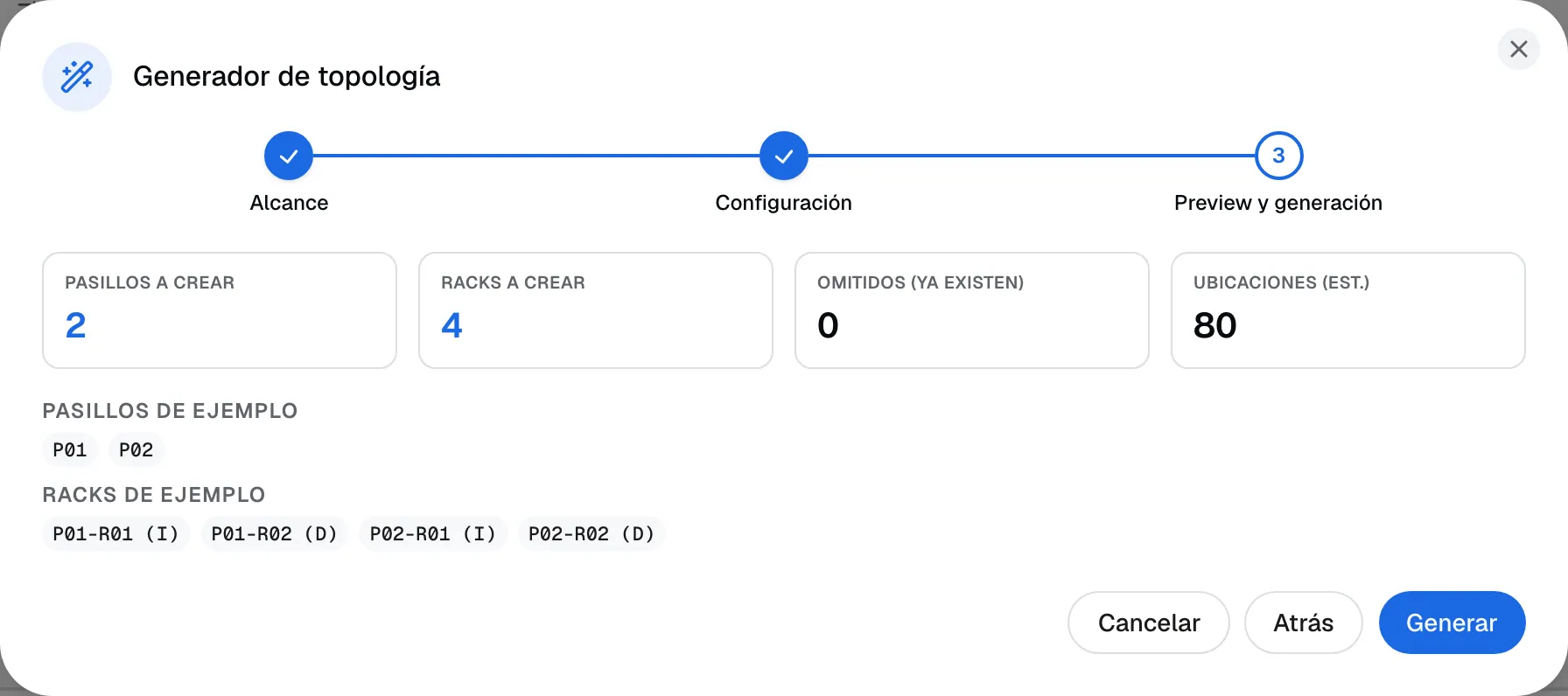 Vista previa del generador de topología: pasillos y racks a crear, omitidos, ubicaciones estimadas y ejemplos de códigos, con el botón Generar