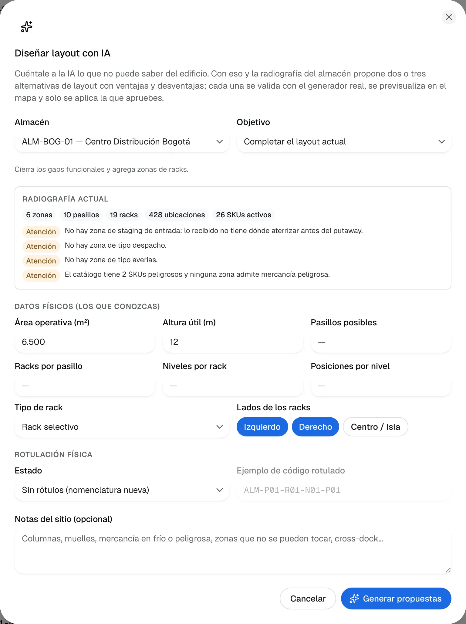 Formulario Diseñar layout con IA: almacén, objetivo, radiografía con zonas, pasillos, racks y avisos de lo que falta, datos físicos, tipo y lados del rack y rotulación
