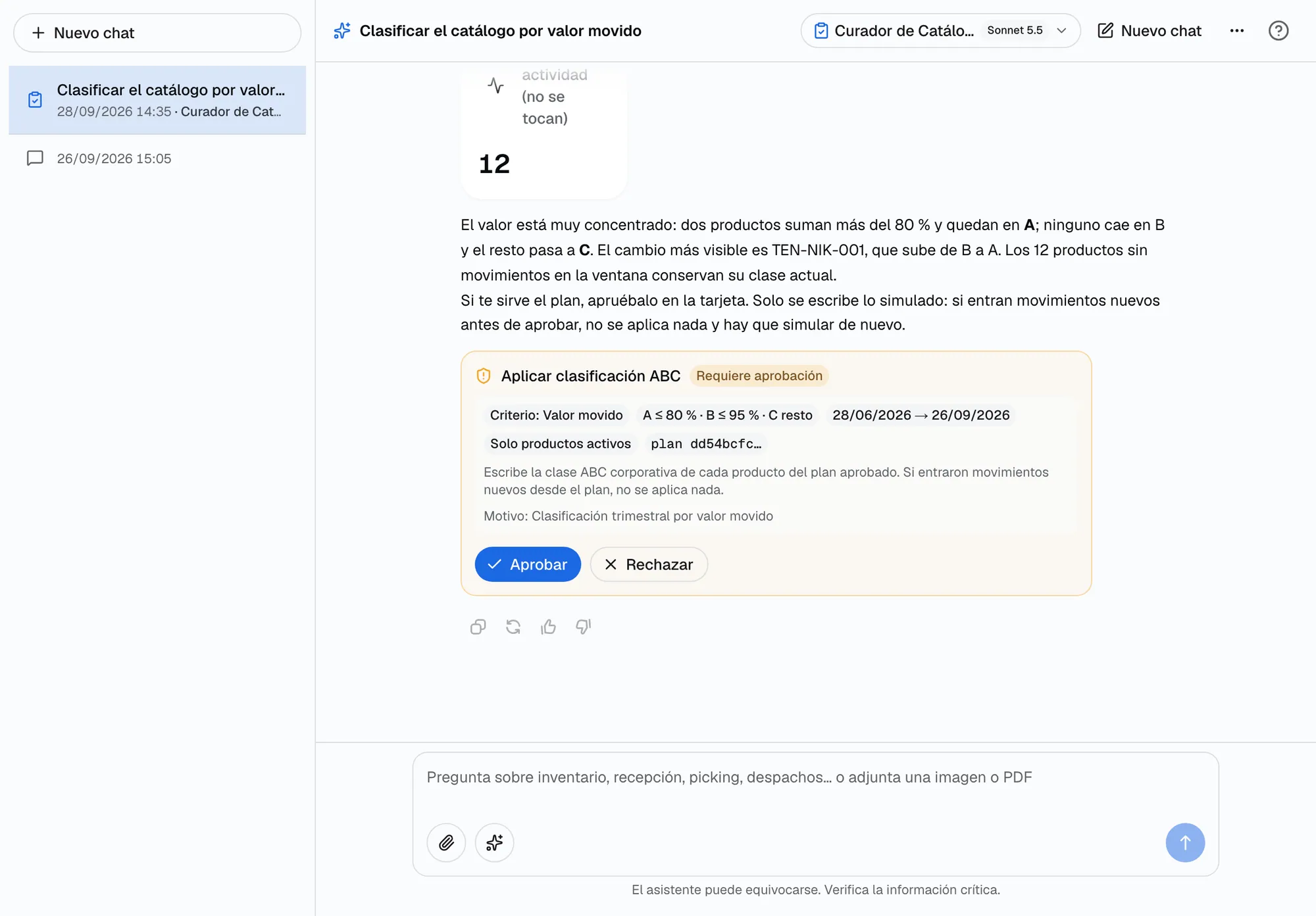 Respuesta del Curador de Catálogo con la tarjeta Aplicar clasificación ABC: marca Requiere aprobación, criterio, cortes, motivo y botones Aprobar y Rechazar