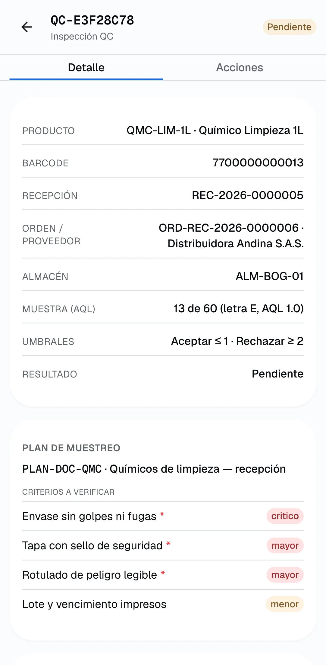 Detalle de una inspección en la terminal RF: producto, recepción, proveedor, muestra 13 de 60 con AQL 1.0, umbrales y los criterios del plan con su severidad