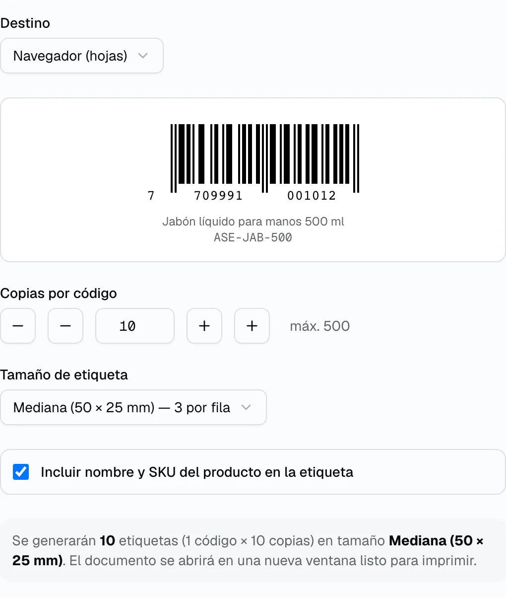 Diálogo Imprimir códigos de barras: vista previa de un código EAN-13 con el nombre y el SKU del producto, las copias por código y el tamaño de etiqueta de 50 × 25 mm