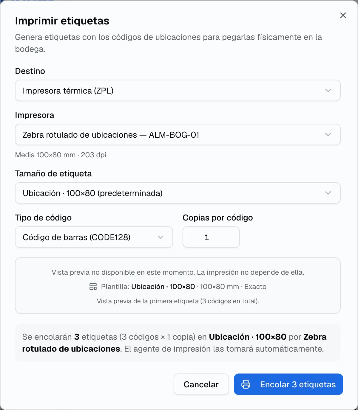 Diálogo Imprimir etiquetas con destino impresora térmica ZPL, media de 100×80 mm a 203 dpi, plantilla Ubicación 100×80, código CODE128 y botón Encolar 3 etiquetas