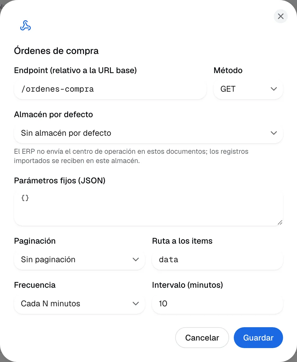 Configuración de un servicio de órdenes de compra: endpoint relativo, método, almacén por defecto, parámetros fijos, paginación y frecuencia cada 10 minutos