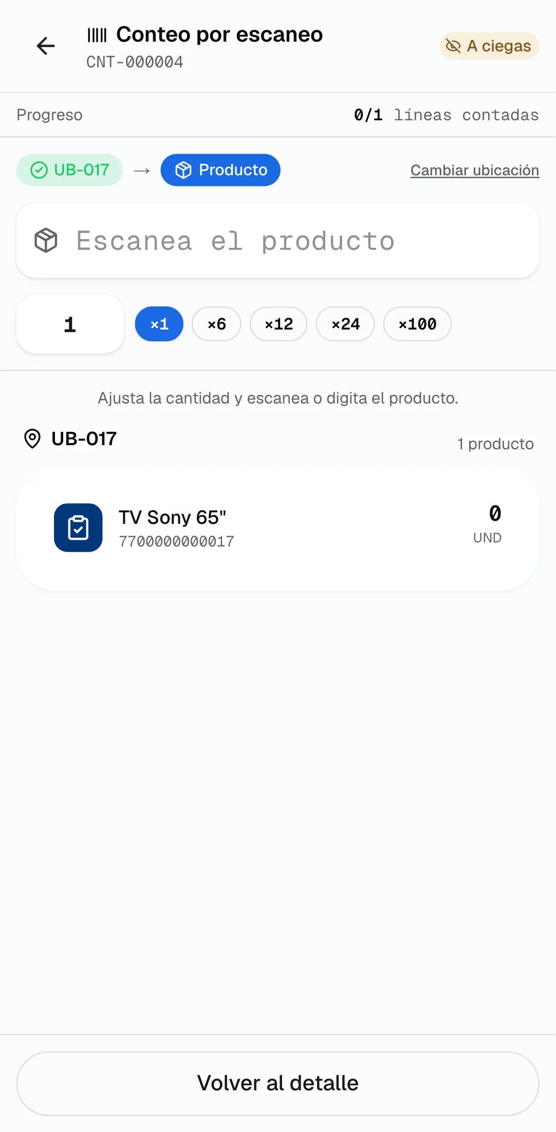 Conteo por escaneo en la terminal RF: la ubicación ya leída, el campo Escanea el producto, la cantidad con atajos ×1 a ×100 y el producto esperado sin la cantidad del sistema