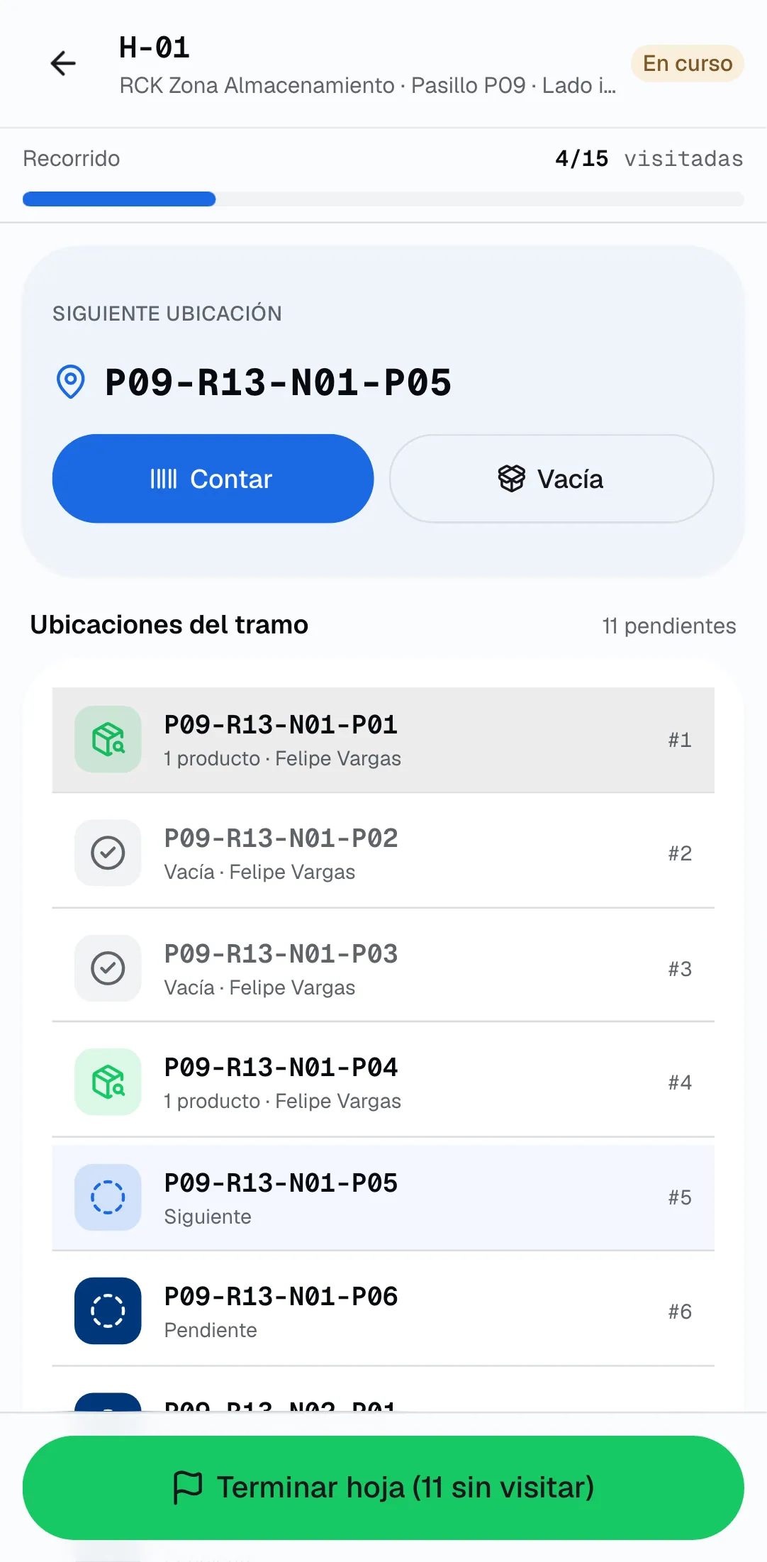 Recorrido de una hoja de conteo en el RF: 4 de 15 ubicaciones visitadas, la siguiente ubicación con los botones Contar y Vacía y el botón Terminar hoja