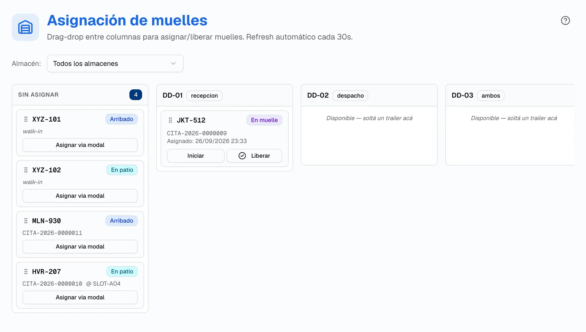 Tablero Asignación de muelles: columna Sin asignar con cuatro trailers y las puertas DD-01 de recepción ocupada, DD-02 de despacho y DD-03 ambos disponibles
