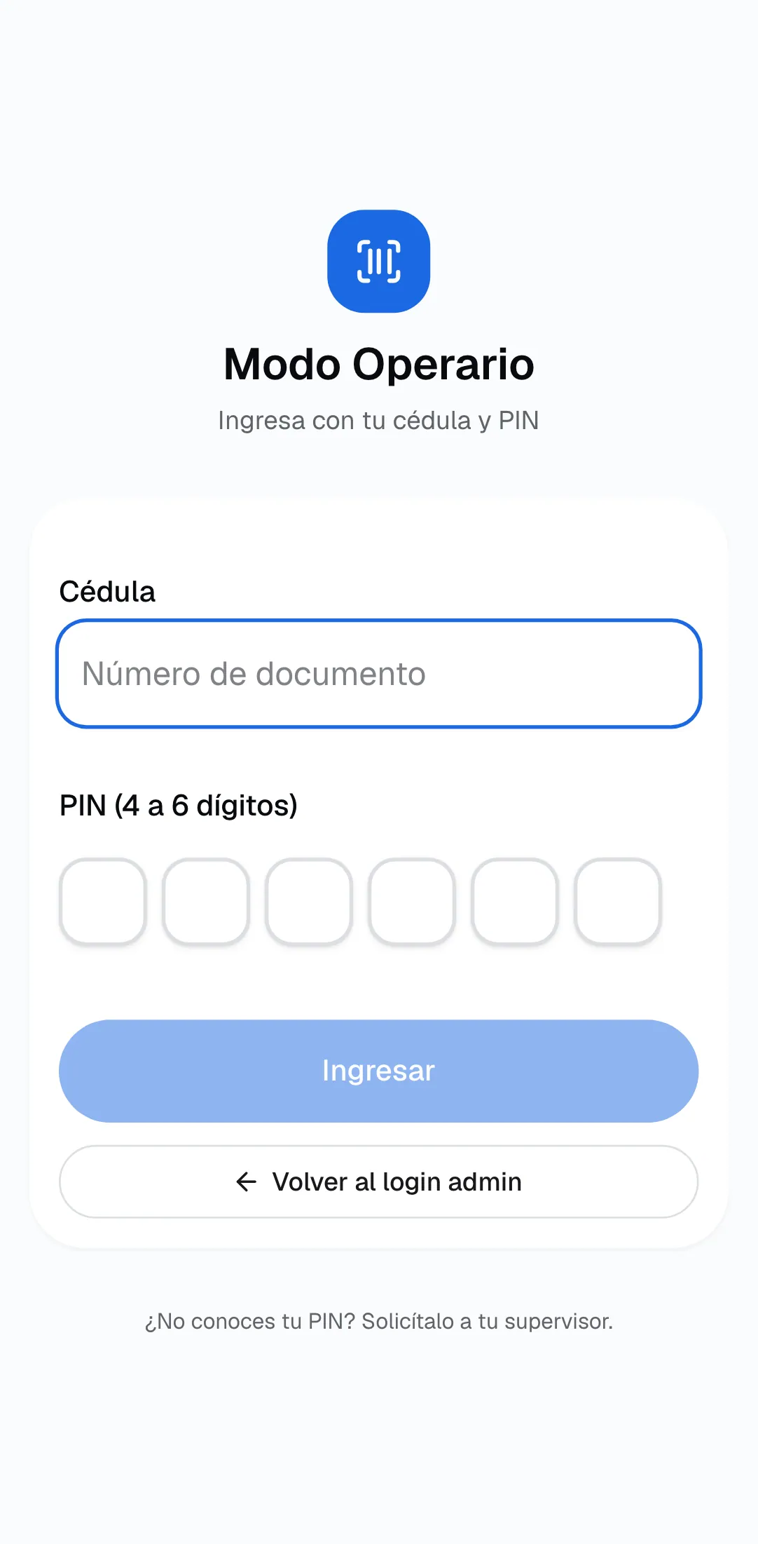 Ingreso del terminal RF en Modo Operario con el campo Cédula, seis casillas para el PIN de 4 a 6 dígitos y el botón Ingresar