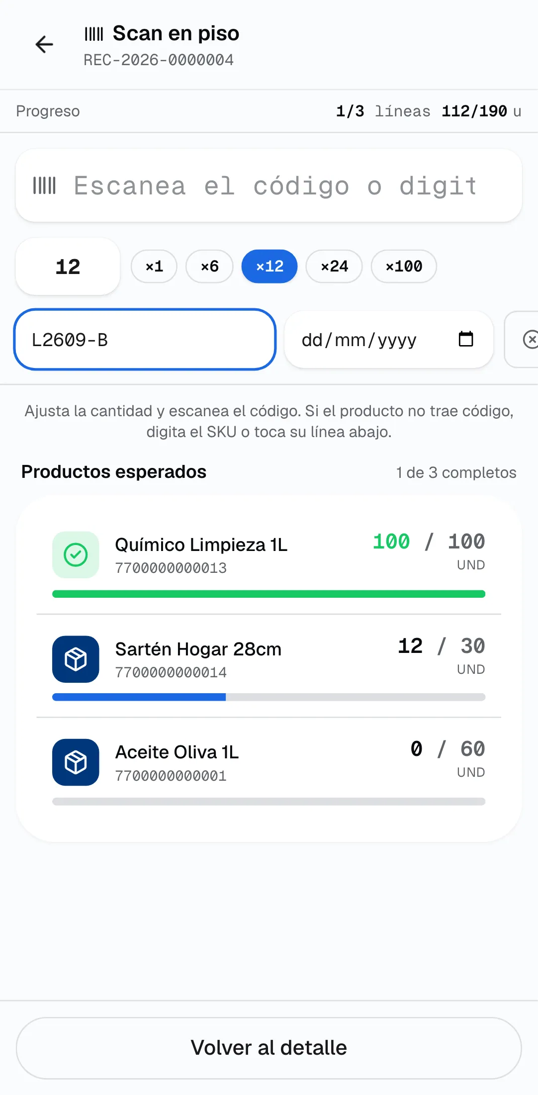 Pantalla de conteo en la RF: campo de escaneo, cantidad 12 con el botón ×12 marcado, lote y vencimiento, y los productos esperados con su avance