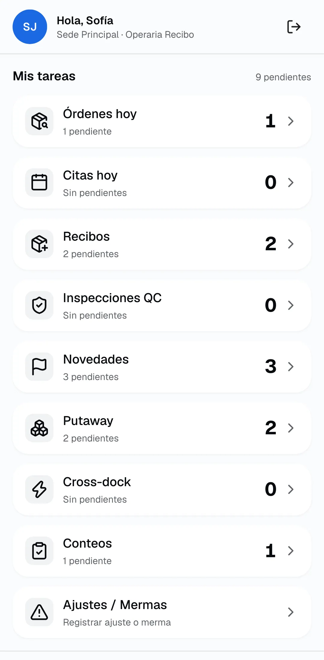Inicio de la terminal RF con las tareas del operario según su rol