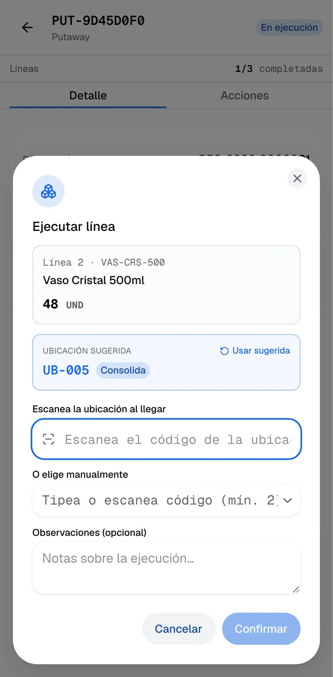 Pantalla Ejecutar línea del putaway en la RF: producto y cantidad, ubicación sugerida con el chip Consolida y el campo para escanear la ubicación al llegar