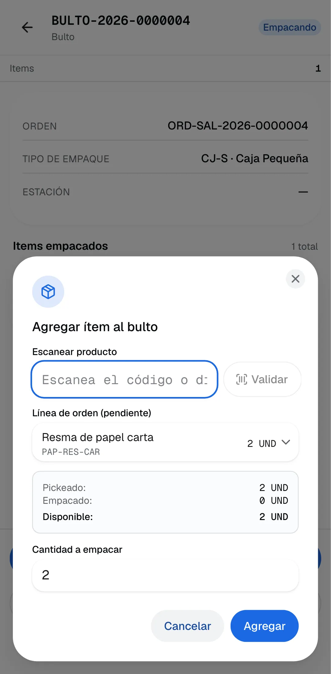 Ventana Agregar ítem al bulto en la terminal RF: el campo Escanear producto, la línea del pedido con lo pickeado, lo empacado y lo disponible, y la cantidad a empacar