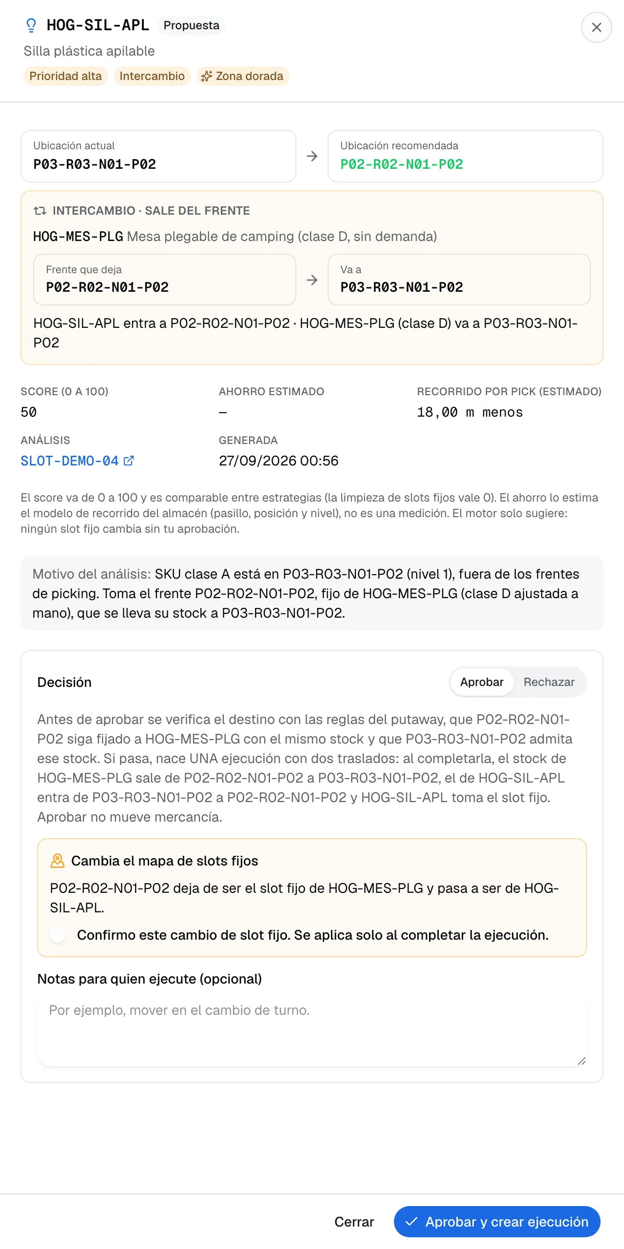 Detalle de una recomendación de intercambio: ubicación actual y frente recomendado, el producto clase D que sale, score, motivo y la casilla de confirmación del slot fijo