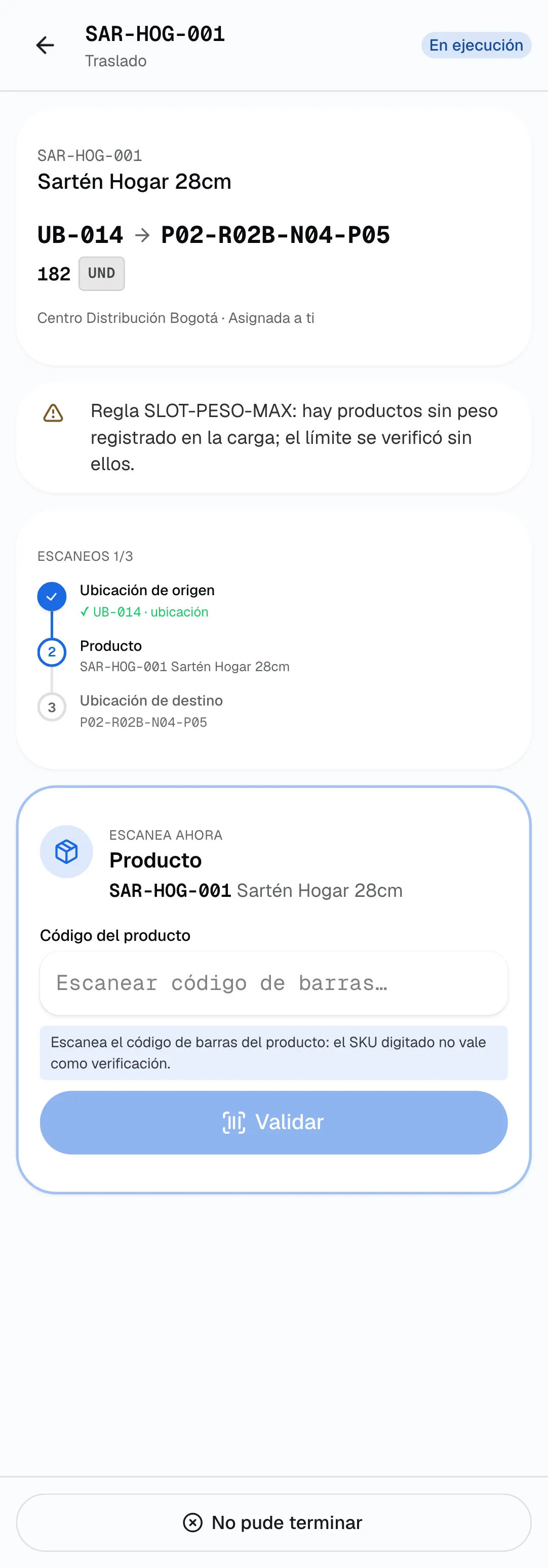 Terminal RF con un traslado en ejecución: origen ya verificado, Escaneos 1/3 y la tarjeta Escanea ahora pidiendo el código de barras del producto