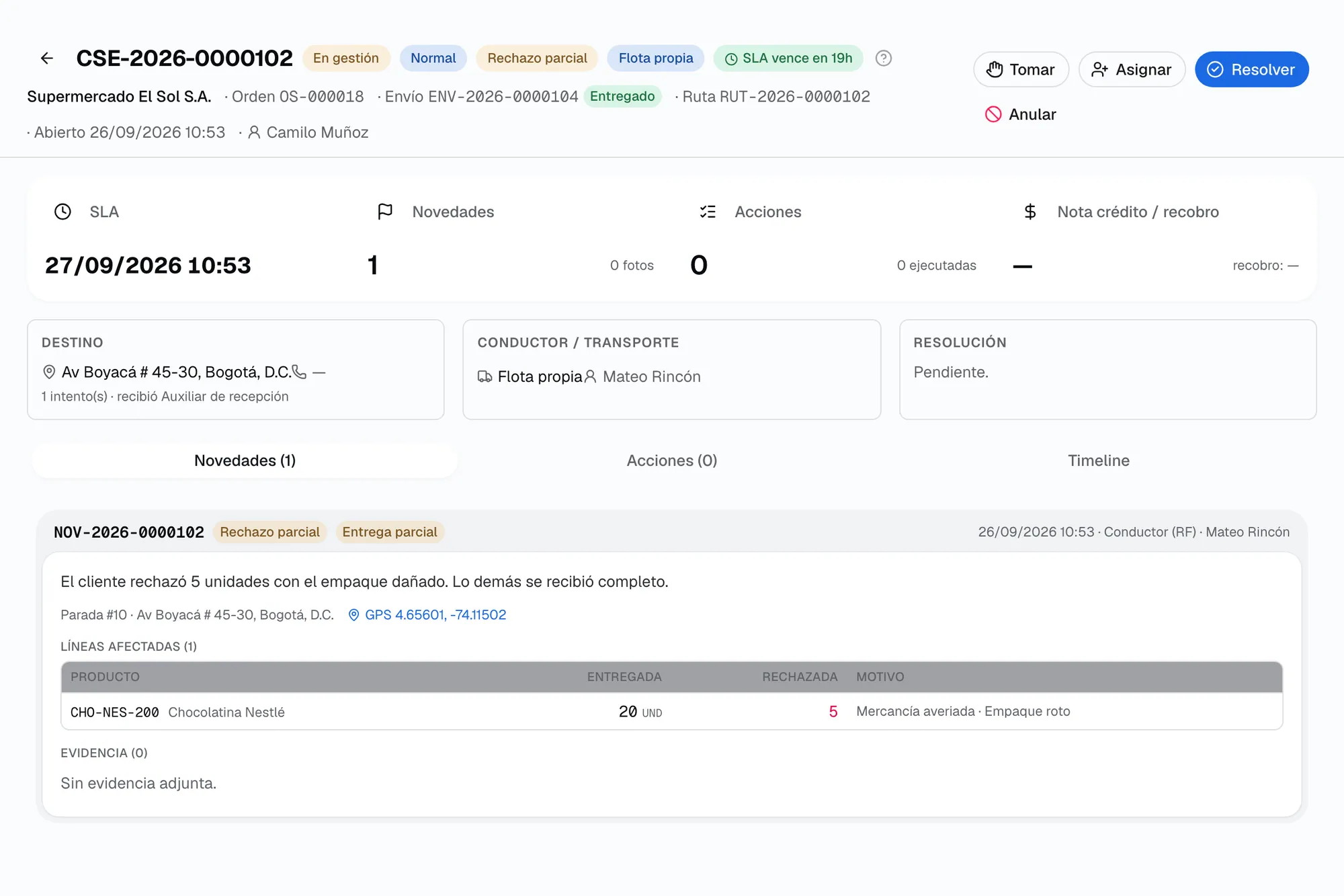 Detalle de un caso de rechazo parcial en gestión con su plazo, botones Tomar, Asignar y Resolver, la novedad con su posición GPS y la línea rechazada por mercancía averiada