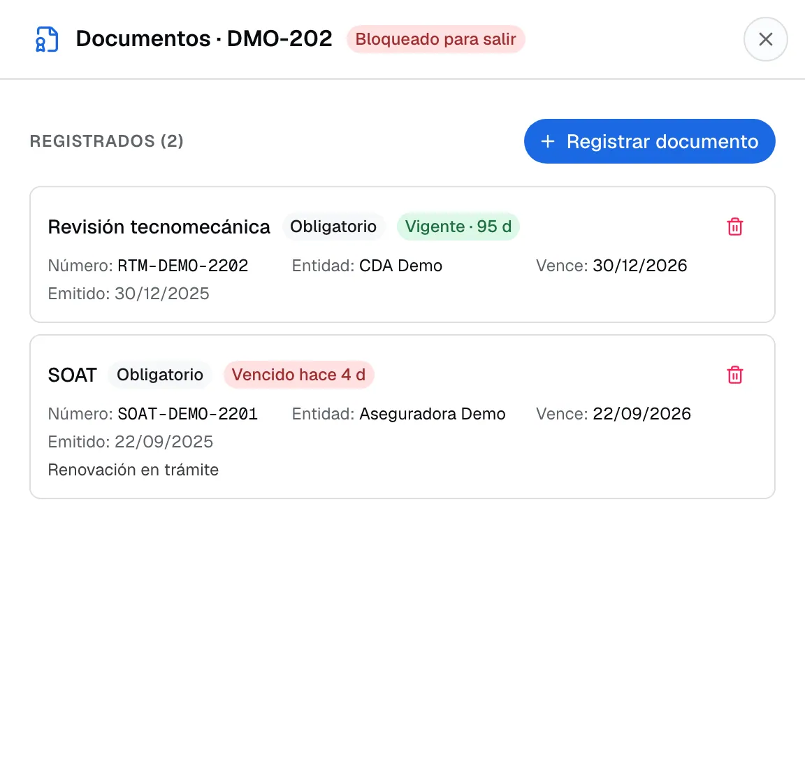 Panel de documentos de un vehículo marcado «Bloqueado para salir»: revisión tecnomecánica vigente y SOAT vencido hace 4 días, con número, entidad y fechas